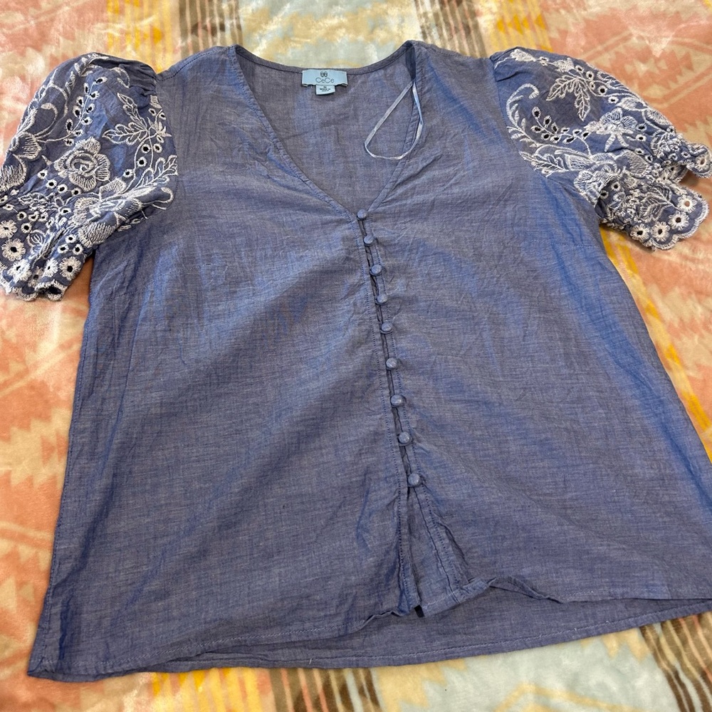 CeCe Blue Embellished Buttoned Short Sleeve Blouse